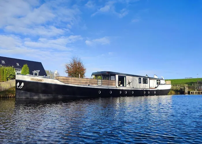 Botel 8 Personen Hausboot Mit Hot Tub, Sauna, Kaminofen, Klimaanlage, Lounge, Sonnendeck Und Garten Mit Buddelschiff Direkt Hinterm Deich In *